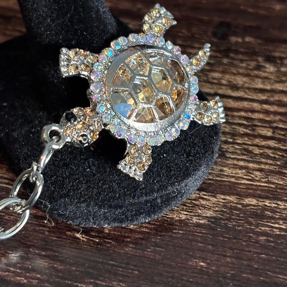 Crystal Turtle Keychain Amber Rhinestone Sea Turtle Bag Charm Silver Tone